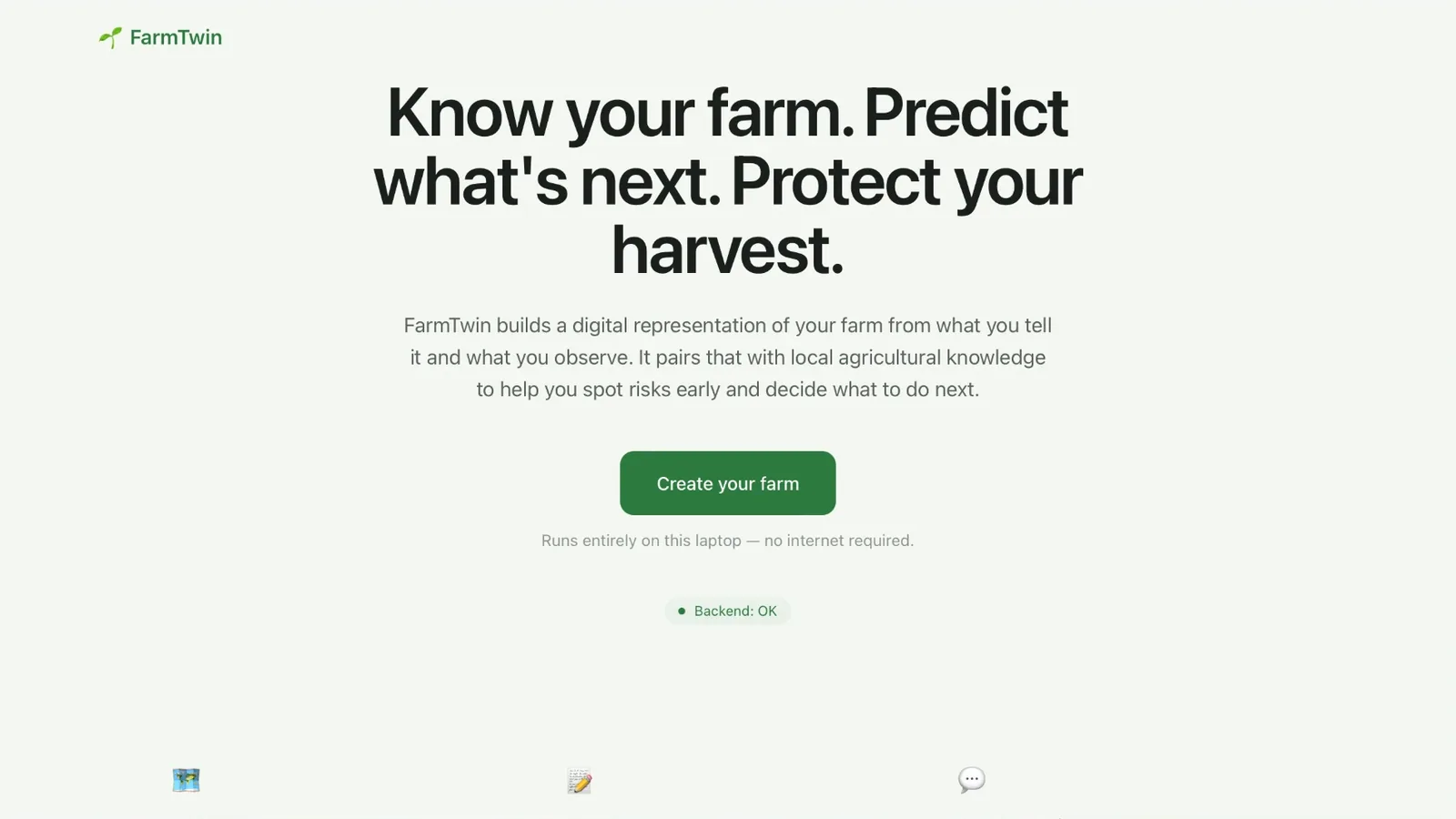 FarmTwin’s start screen, noting that it runs entirely on the laptop with no internet.